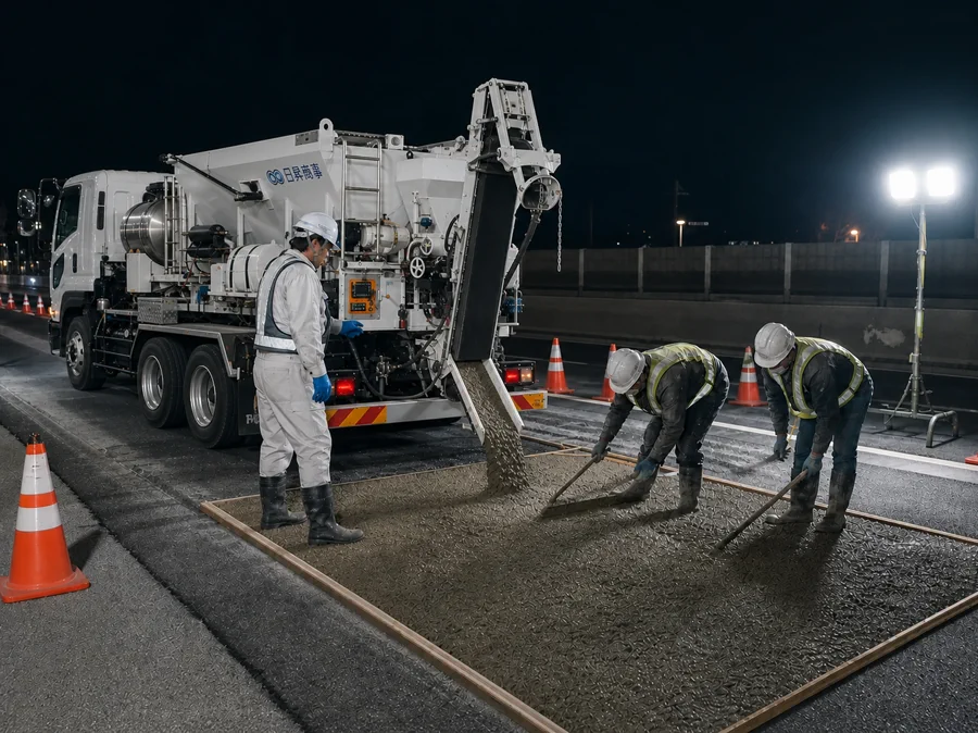 移動式プラント車を使う夜間道路の補修工事