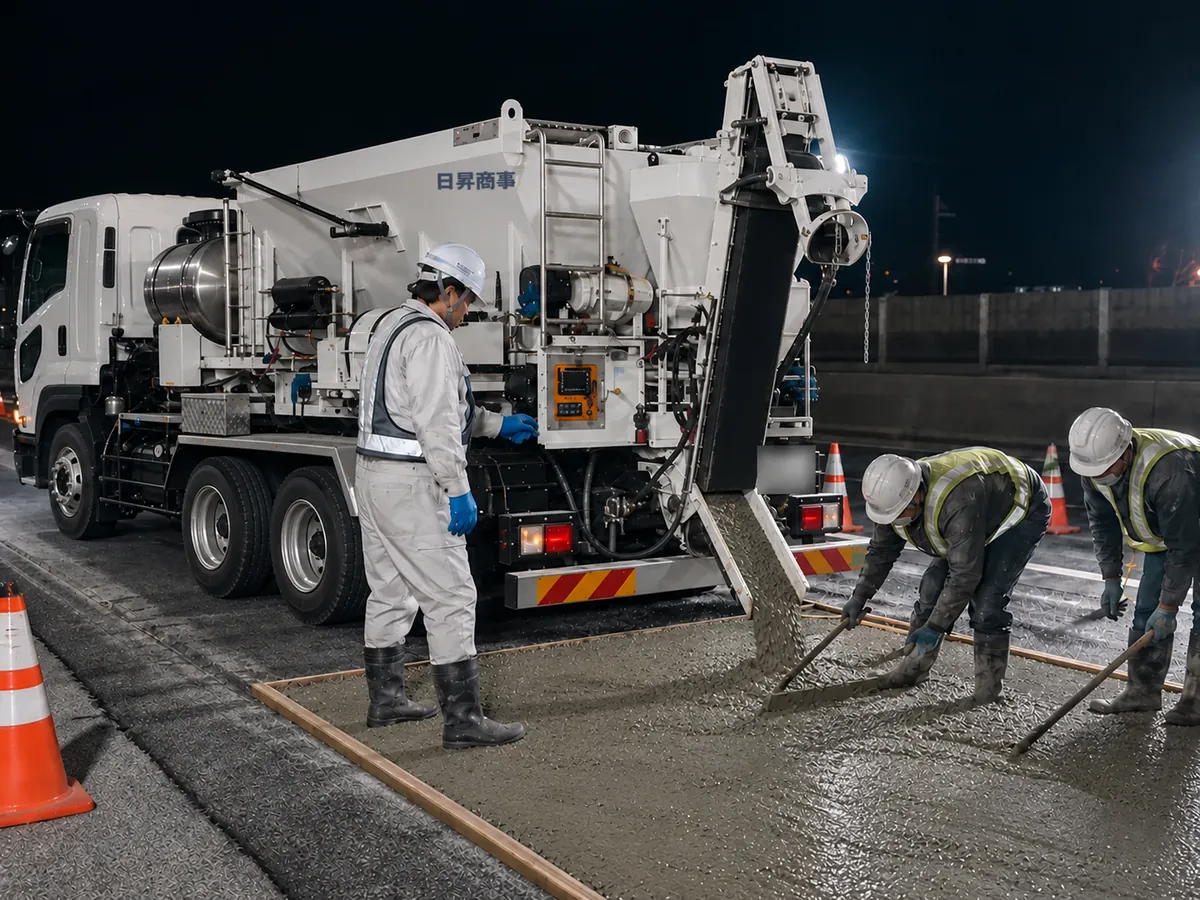 夜間の現場で、移動式プラント車から練り上げた生コンを打設している様子
