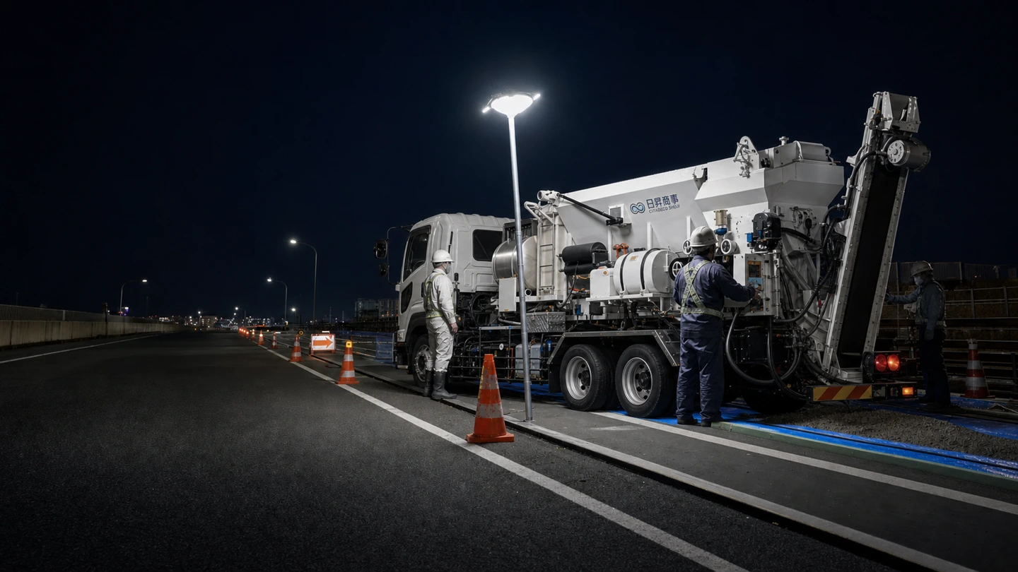 夜間規制の現場で、移動式プラント車による打設を進める作業員たち