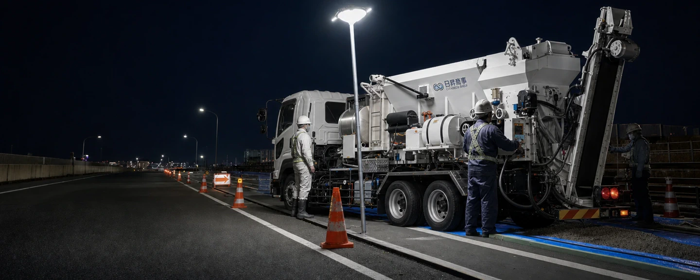 夜間の現場に照明を立てて、移動式プラント車で生コンを練っている様子