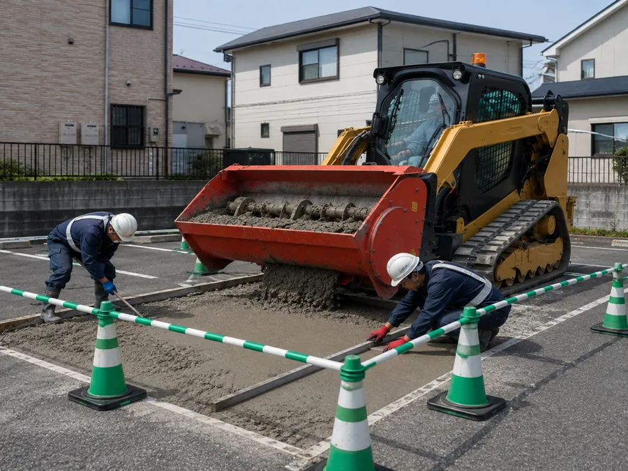 BMXで区画を分けて進める狭い月極駐車場の舗装工事