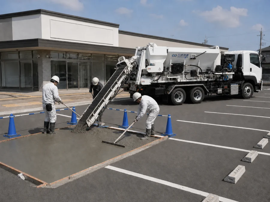 営業を続けながら移動式プラント車で区画施工する店舗の駐車場